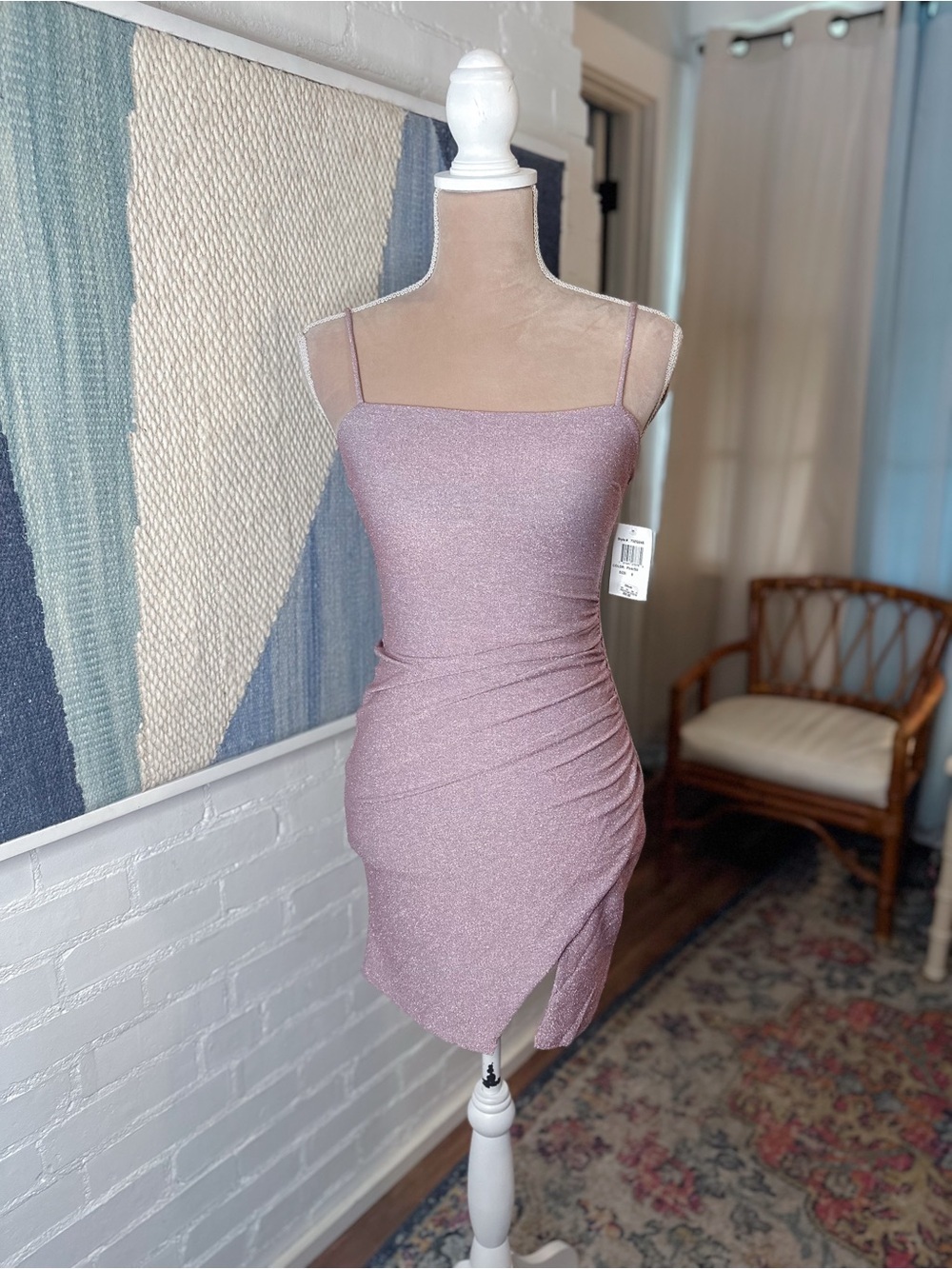 NWT B.Darlin Lavender Sparkly Spaghetti Strap Ruched Bodycon Dress